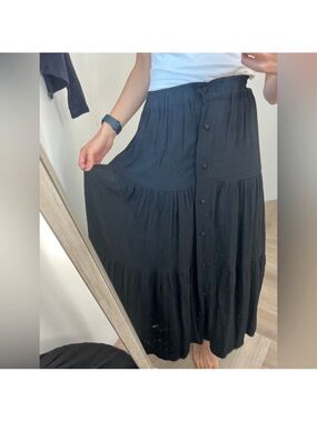 Revolve Black Tiered Button-Front Maxi Skirt S
